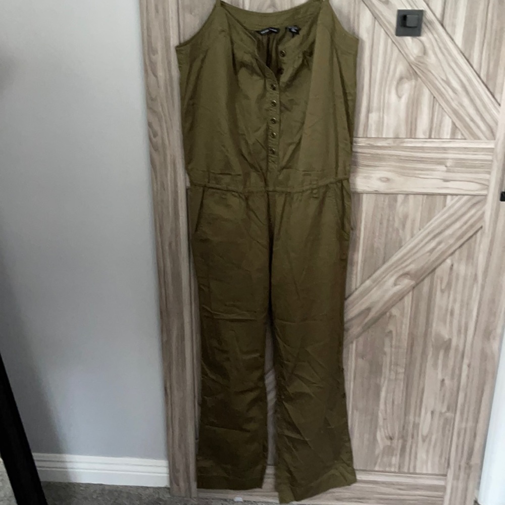Army green romper. Button front.